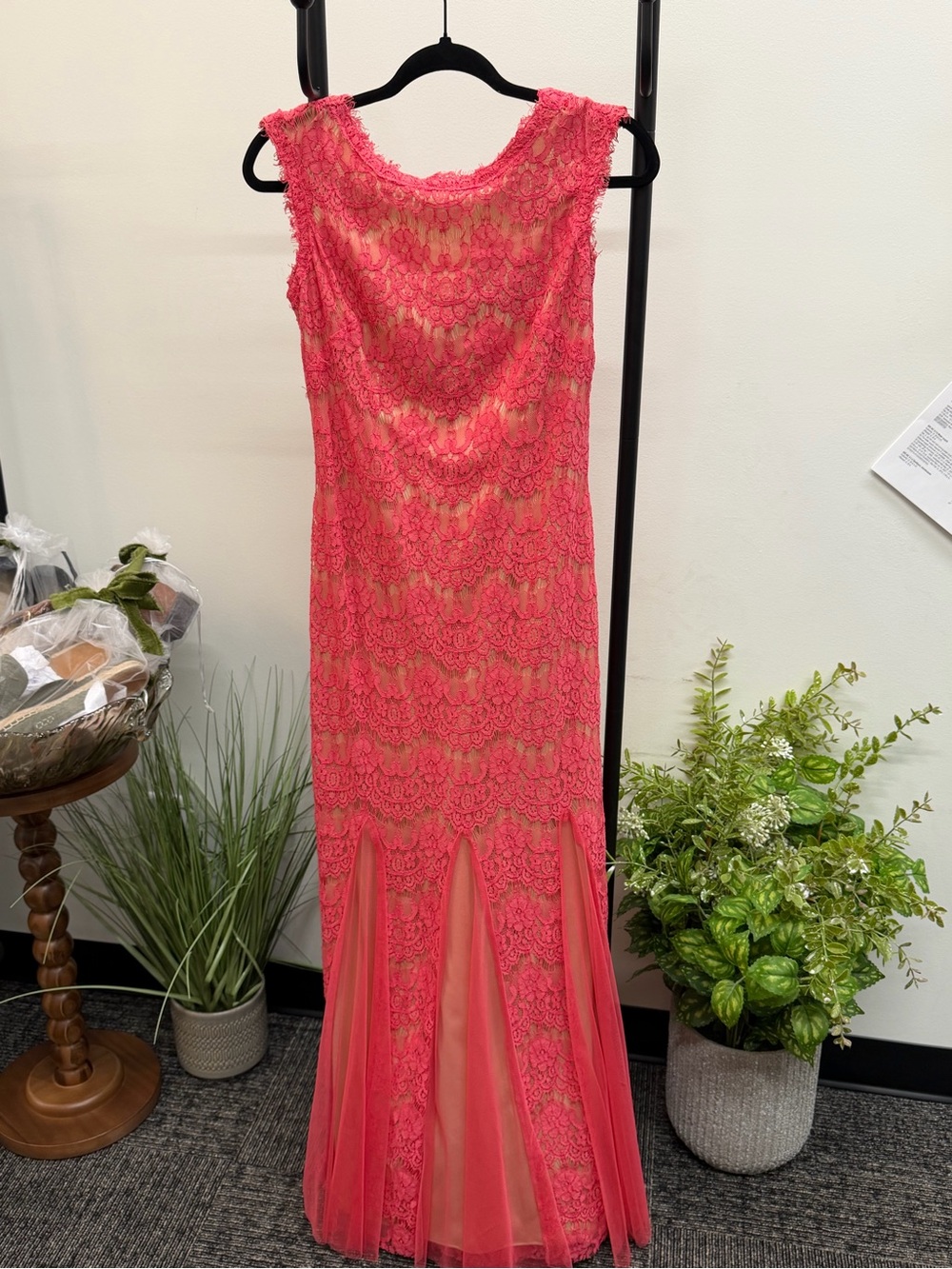 Betsy & Adam Coral Lace Maxi Gown